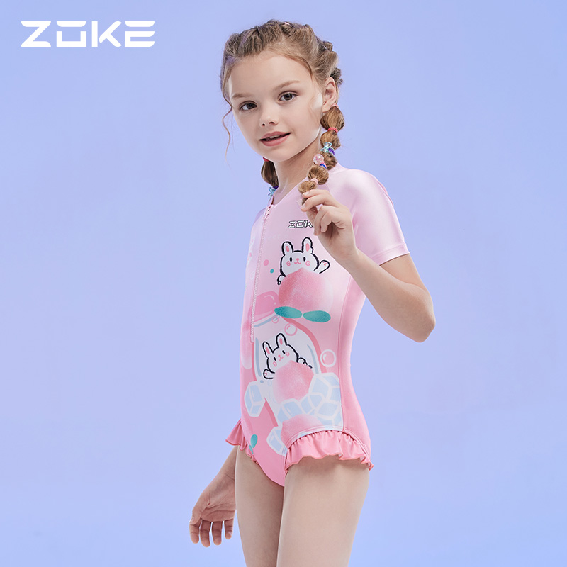 Zhou Ke Children Swimsuit Conjoined Triangle Girl Short Sleeve Sunscreen Zoke Swim Training Speed Dry CUHK Tong Swimsuit