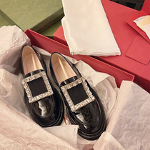 Rhinestone square buckle single shoes womens leather 2022 spring and autumn new thick-soled loafers college British style small leather shoes