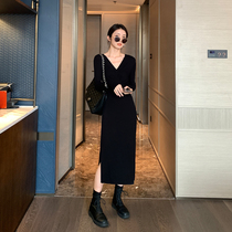 Korean Knitted Long Sleeve Dress Women Spring and Autumn 2021 New Slim Temperament Slip V Collar Long Skirt Black