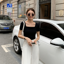 South Korean short sleeve t-shirt woman 2022 new summer workout slim casual short-style blouse square collar white