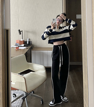 South Korea Pumping Rope Broadlegged Pants Woman Spring Autumn 2022 New High Waist Display Slim Loose Straight Drum Mopping Casual Pants Boomers