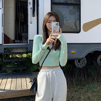 Korean knitted T-shirt women long sleeve 2021 new autumn high waist short round neck slim slim Joker temperament jacket