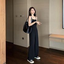 Korean Harness Conjoined Pants Woman 2022 Early Spring New High Waist Pituality Loose Straight Drum Harness Wide Leg Casual Long Pants