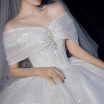 Straight Shoulder Wedding Dress 2022 New Brides Small Submain Yarn Advanced Texture Big Trailing retro big size Fat Mm