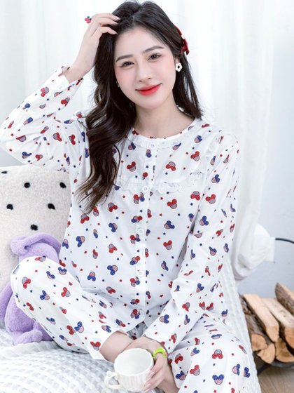 봄과 가을 여성의 직조 순수면 잠옷 엄마 엄마 긴 소매 여름 감금 면화 가디건 대형 홈 의류 봄과 가을 여성의 직조 순수면 잠옷 엄마 엄마 긴 소매 여름 감금 면화 가디건 대형 홈 의류