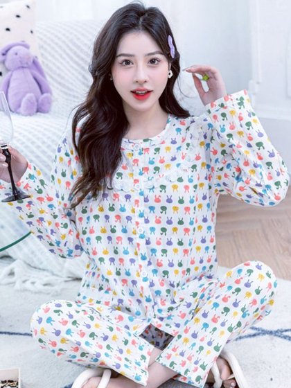 봄과 가을 여성의 직조 순수면 잠옷 엄마 엄마 긴 소매 여름 감금 면화 가디건 대형 홈 의류 봄과 가을 여성의 직조 순수면 잠옷 엄마 엄마 긴 소매 여름 감금 면화 가디건 대형 홈 의류