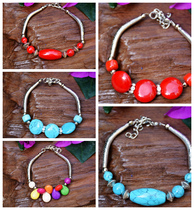 Original featured handmade female national wind ornaments Tibetan silver Tibetan decoration retro green pine stone bracelet