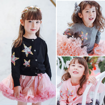 Girl Pure Cotton Knit Cardiovert Children Stars Jacket Sweater 2021 Spring A Woman Baby Foreign Air Princess Woolen Sweatshirt