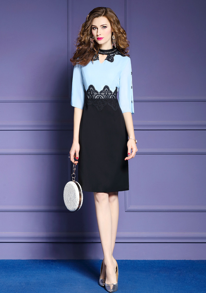 菲梦伊2018春夏新款重工钉珠连衣裙撞色拼接气质ol显瘦女裙16076_7折