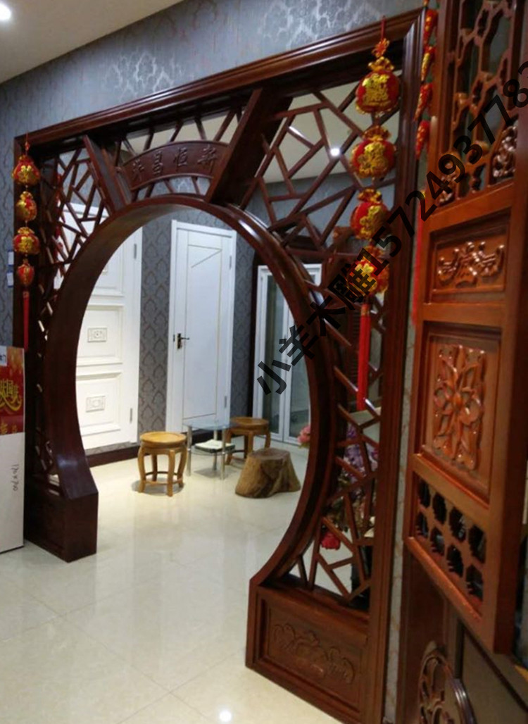 月亮门月洞门中式隔断 实木木雕花格圆拱门定制仿古玄关落地屏风