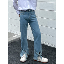 Summer new trouser leg strap split design sense jeans Korean trend Joker casual pants slightly pull straight pants