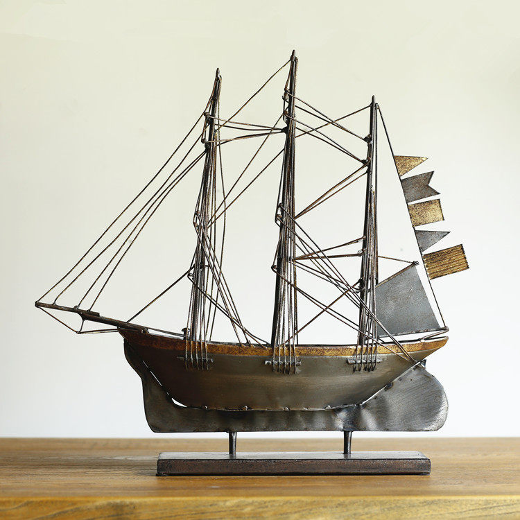 一帆风顺帆船铁艺模型工艺品复古玄关摆件美式