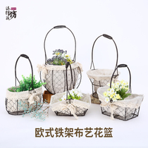 Waterproof portable wrought iron linen flower basket Pastoral style lace lining storage basket Flower arrangement Flower shop supplies