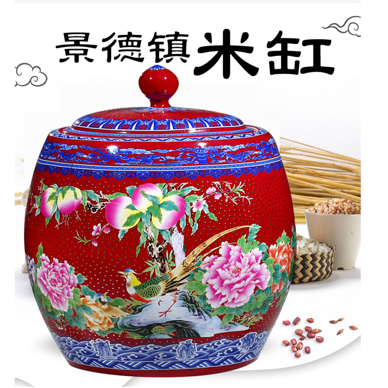 Jingdezhen ceramic barrel ricer box 25 kg 35 jins tank cylinder tea cake storage cylinder wine with cover household altar