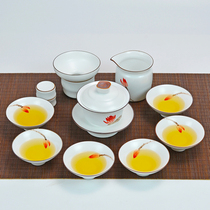 Fat white ceramic tea set Household 6-person white porcelain hand-painted cover bowl tea cup set Tea Kung Fu tea set