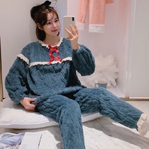 Coral velvet pajamas womens autumn and winter long sleeves warm and thick plus velvet cute flannel Ladies Home suit