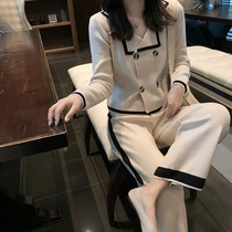 Autumn clothes 2020 New small fragrant wind knitted broadlegged pants suit Goddess Fan temperament foreign pistachio net red Two sets of damp