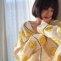 Smiley Face Pyjamas Woman Spring Autumn Pure Cotton Cheerleader Long Sleeve Cute Long Exterior Wear and Ins Wind Home Suits Suit New