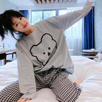 Line bear long-sleeved pajamas womens spring and autumn plaid trousers loose casual cute can be worn outside suit cotton home service