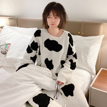 Cow soft pajamas womens autumn and winter thickened velvet Coral velvet round neck pullover net red cute home suit set