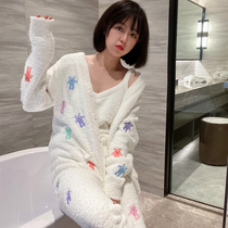 Bear soft pajamas three-piece womens winter suspenders long sleeves thickened coral velvet warm autumn and winter cute home clothes