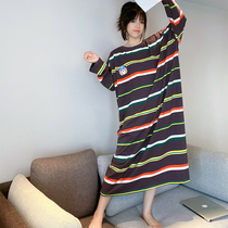 Striped bear long-sleeved nightdress female spring and autumn lengthening pure cotton Korean version cute loose fat MM pregnant women pajamas home service