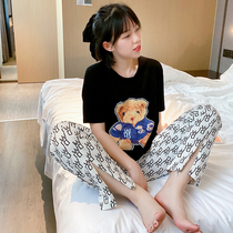 Dew Back Small Bear Cute Short Sleeve Shorts Pyjamas Woman Summer Pure Cotton Long Pants Can be worn outside suit Home Two sets