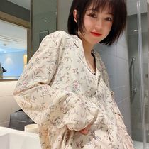 Floral long-sleeved trousers cardigan pajamas womens spring and autumn satin cotton silk sweet French style CHIC home service thin suit