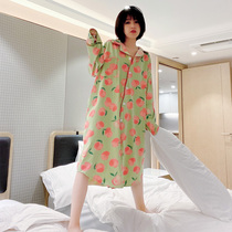 Peach long-sleeved cardigan nightdress female spring and autumn long pajamas loose large size fat MM new pregnant women home clothes