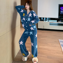 Stars Soft Cotton Sleeping Dress Lady Winter Sweatshirt Thickened with velvety sweet and beautiful Japanese Coral Suede Warm Home Suit Suit