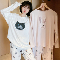 Cat rabbit long-sleeved trousers pajamas female spring and autumn suit pure cotton Japanese cute round neck student loose home service