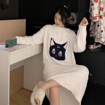 Lucina Cat Soft Cotton Sleeping Skirt Woman Winter Long style Coral Suede Cute Pyjamas Thickening Netred the same autumn and winter home clothes