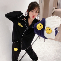 SMILE SMILEY FACE LETTER PURE COTTON LOVERS PYJAMAS WOMAN SPRING AUTUMN LONG SLEEVE SUIT CARDIOVERT AND CUTE MANS HOME DRESS