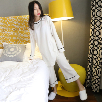 White striped knitted wide leg pants cotton two-piece pajamas women autumn and winter loose Korean suit spring and autumn home wear