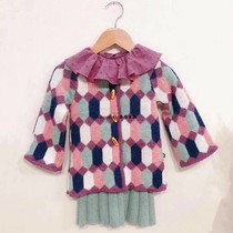 Uf series autumn and winter girls alpaca wool pit striped skirt color cardigan purple ruffled collar spot