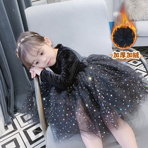 Girls dress Dress Autumn Winter Clothing Super-Ocean Girl Korean Version Plus Velvet Princess Dresses Black Fluffy Yarn Childrens Skirts