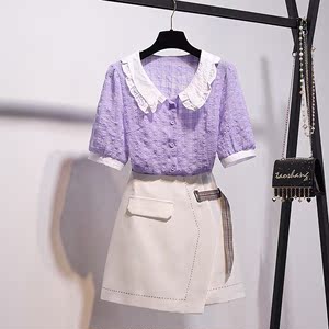 Sweet short sleeve top short skirt two piece set