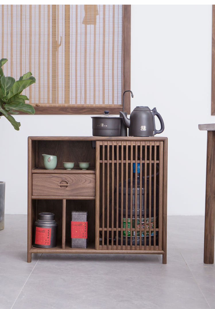 实木新中式实木茶水柜烧水柜黑胡桃现代简约客厅茶边柜茶台小柜子-阿