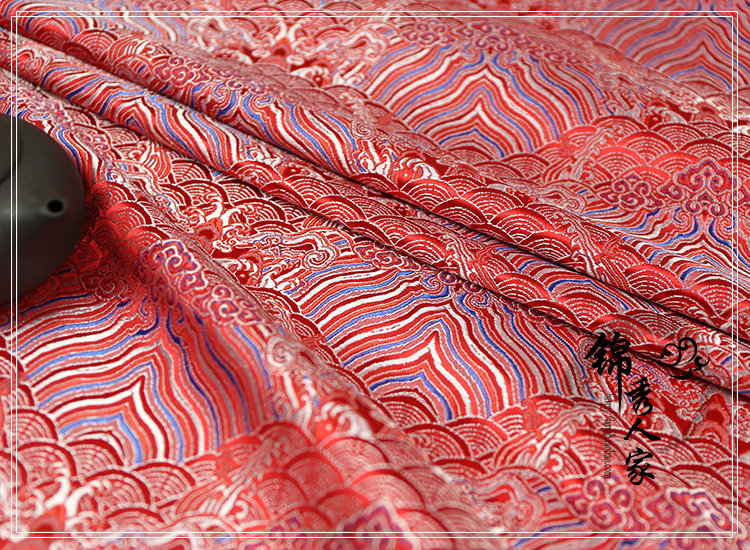 织锦缎布料 提花丝绸缎 古装汉服民族服装旗袍唐装面料布料海浪纹