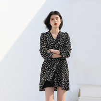 CHICVEN Minujing Retro V-neck chiffon floral dress long sleeve elastic waist lace-up skirt