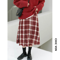 CHICVEN vintage plaid pleated hairy skirt high waist a pleated long knee skirt autumn and winter