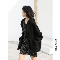 CHICVEN casual loose hooded thick hat rope air layer sweater coat womens long top 2021 autumn