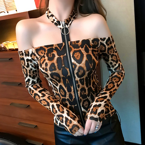 Autumn New Leopard-print Sexy Neck-hanging Long Sleeve T-shirt Top