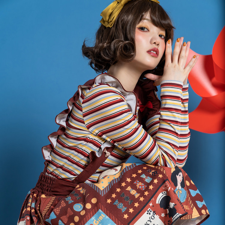 【pompom】昭和少女 showagirl复古可拆卸背带拼接半裙sk短款现货