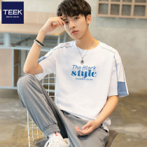 Short sleeve male loose t-shirt pure cotton summer dress splice crash shoulder 5 50% sleeves Tide Cards Letters Printed Teenagers