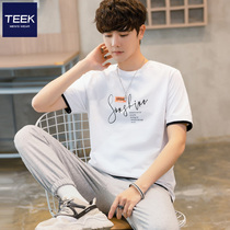 TEEK pure cotton short sleeve T-shirt male teen fake two summer new letter tide cards half sleeve 100 hitch lower body