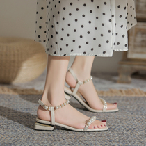 Sandals Fairy style coarse with 2021 summer New Lady middle heel Pearl Roman shoes with flat shoes
