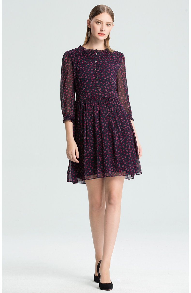 jessie杰西女装2016年秋冬新款七分袖收腰印花雪纺连衣裙jxdsfl41