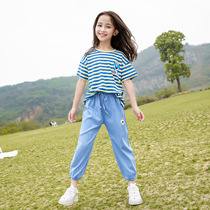 Summer girls short sleeve suit 7 elementary striped T - shirt gas pure cotton a set of girls summer mosquito trousers thin