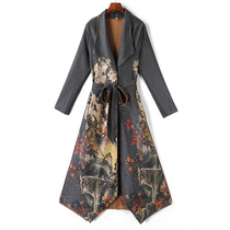 2020 Autumn and Winter new womens Joker waist slim art print long coat